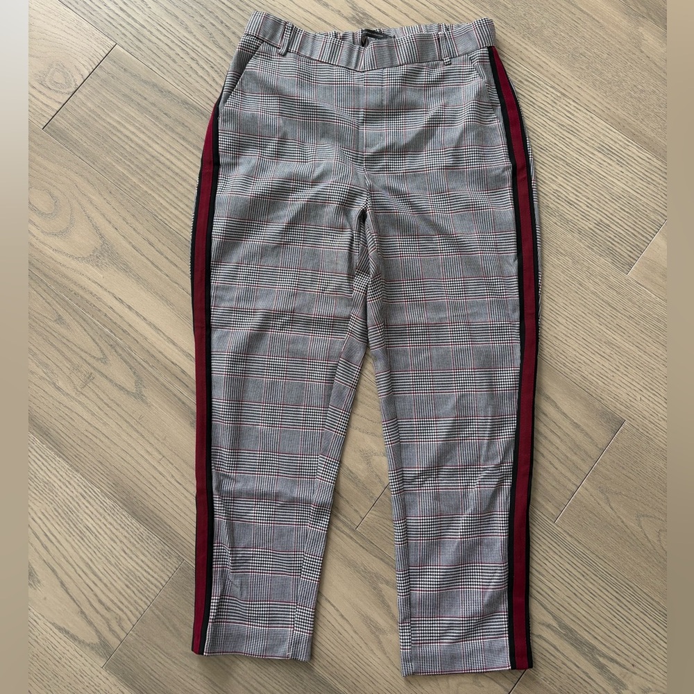 Zara Women's Checkered Cropped Pants with Burgundy Stripe